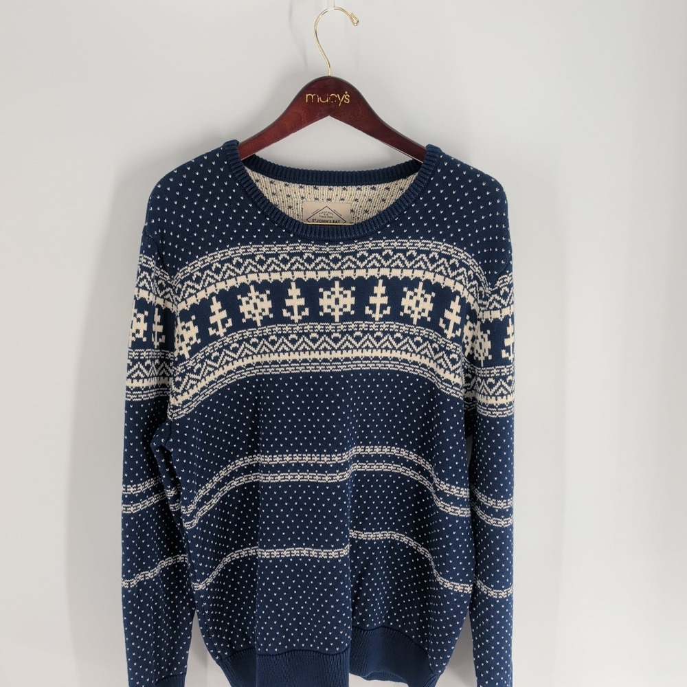 Vtg Christmas Sweater St. Johns Bay Dot Classic Cotton Pullover Navy Blue Size L